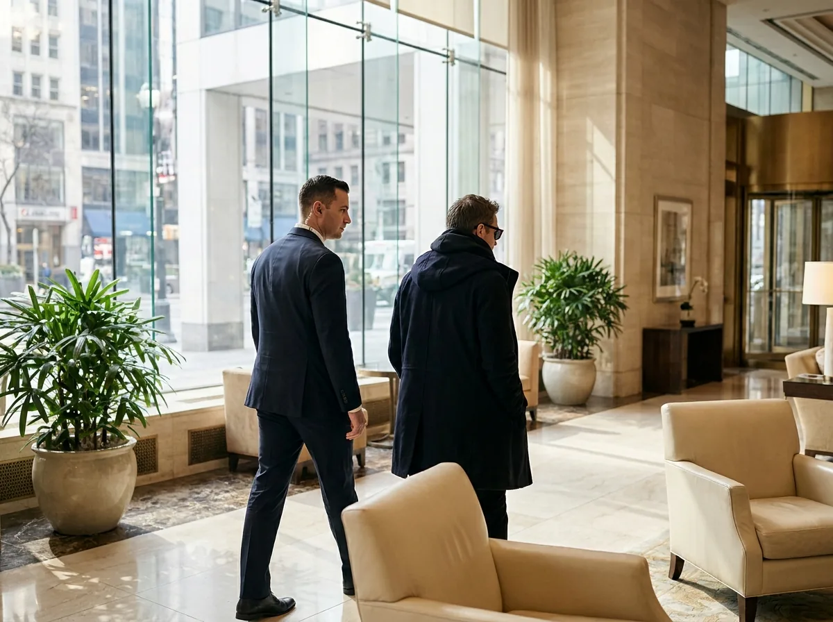Protección VIP de GDS acompañando a un cliente de alto perfil a la luz del día, ambiente discreto.